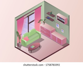 Vector isometric illustration. Interior isometry. Pink room with furniture. House room with windows, pink walls, a sofa and books.