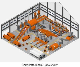 Vector isometric illustration of interior of waste processing plant. Saving the environment.