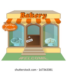 Vector isometric illustration isolated building of bakery with donuts. Label with text Sweet collection. - eps10