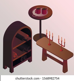 Vector isometric illustration of an isolated tables with candlesticks, tray, cups, winery with bottles