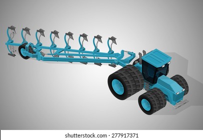 Vector isometric illustration of a large farm tractor with a plow. Equipment for agriculture.