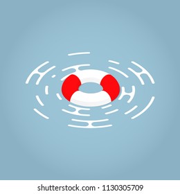 Vector isometric illustration of a lifebuoy floating on a surface. Red and white lifebuoy Emergency assistance to a customer concept.