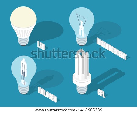 Vector isometric illustration of main electric lighting types: incandescent light bulb, halogen lamp, cfl and led lamp.