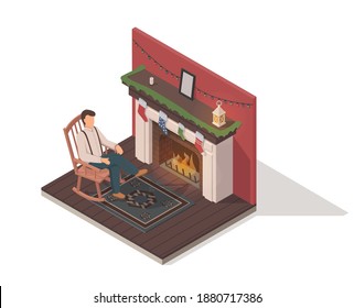 Vector isometric illustration of man in the rocking chair behind the fireplace. Vintage retro style. Isolated.