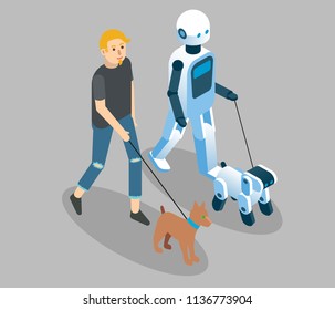 Vector isometric illustration of man walking with dog pet and domestic service robot walking with robot dog.