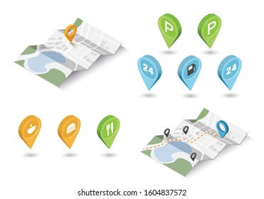 Vector isometric illustration of map with geo tag pin icons. Travel location set of sign