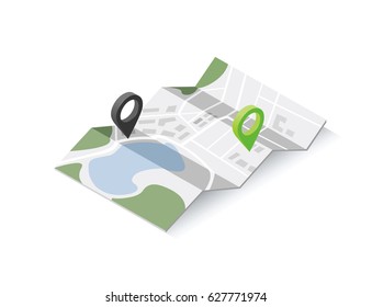 Vector Isometric Illustration Of Map With Geo Tag Pin Icon. Travel Location Sign 