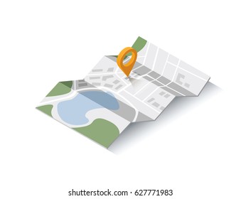 Vector Isometric Illustration Of Map With Geo Tag Pin Icon. Travel Location Sign 