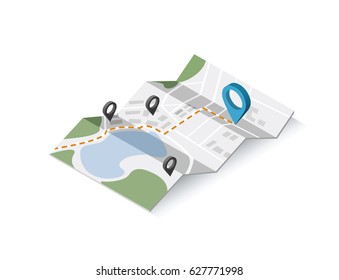 Vector Isometric Illustration Of Map With Geo Tag Pin Icon. Travel Location Sign 