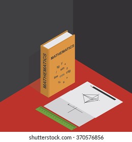 Vector Isometric Illustration With Math Graphs, Ruler, Pencil And Textbook On Mathematics.