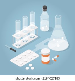 Ilustración vectorial isométrica del laboratorio de medicina. Conjunto de diferentes tubos de ensayo, frasco y frasco con pastillas y comprimidos. Inventar y producir nuevas medicinas y vacunas, concepto de farmacia.