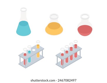 Vector isometric illustration of medicine laboratory. Set of various test tubes, and flask. Inventing and producing new medicine and vaccines, pharmacy concept. Medical tests set.