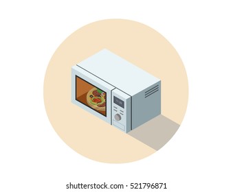 Vector isometric illustration of microwave oven with pizza, 3d flat design object, kitchen equipment, home constructor element. 