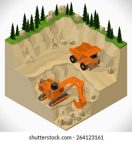 Vector Isometric Illustration Of A Mining Quarry, Heavy-duty Truck And A Mining Excavator. Equipment For High-mining Industry.