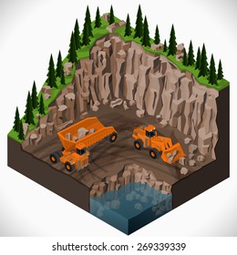 Vector isometric illustration of a mining quarry, heavy-duty dumper and a articulated backhoe excavator. Equipment for high-mining industry.