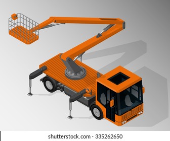 Vector isometric illustration of mobile elevating work platform. Equipment for maintenance of urban infrastructure.