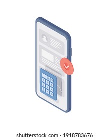 Vector isometric illustration of mobile phone with calculator and check mark on white background showing concept of financial operations and transactions
