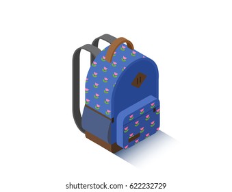 Vector isometric illustration of modern blue school backpack 