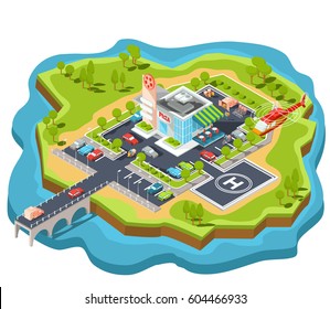 Vector isometric illustration of a modern Italian fast food restaurant with parking and helipad. Isometric pizzeria with a giant pizza sign, Italian cuisine