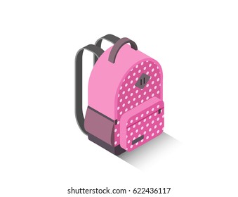 Vector isometric illustration of modern pink school backpack 