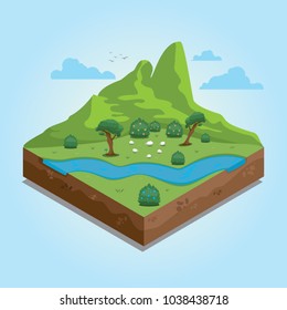 Vector isometric illustration with mountains and green fields.