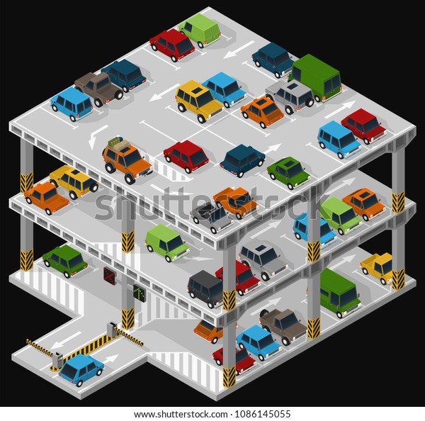 Vector isometric illustration of a multi storey\
car park and parked vehicles describing the internal structure of a\
multi-level parking\
garage.