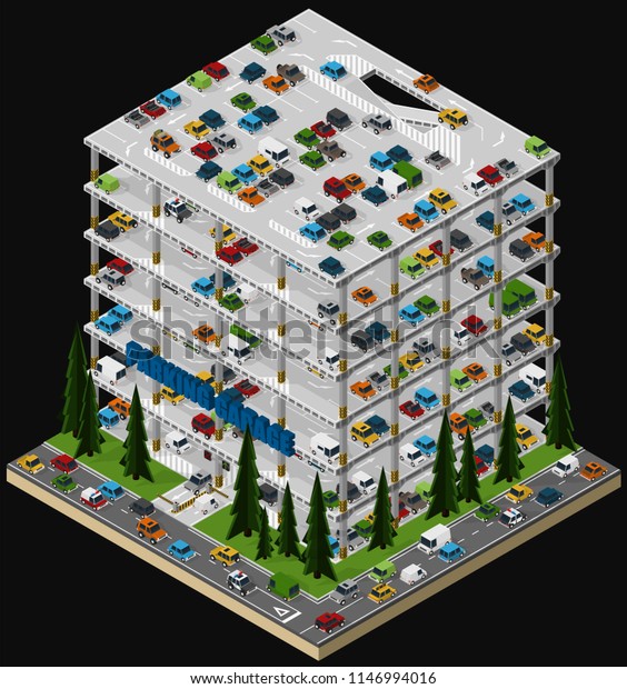 Vector isometric illustration of a multi storey
car park and parked vehicles describing the internal structure of a
multi-level parking
garage.