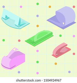 Vector isometric illustration of multi-colored punches (set) on the background of a notebook sheet.