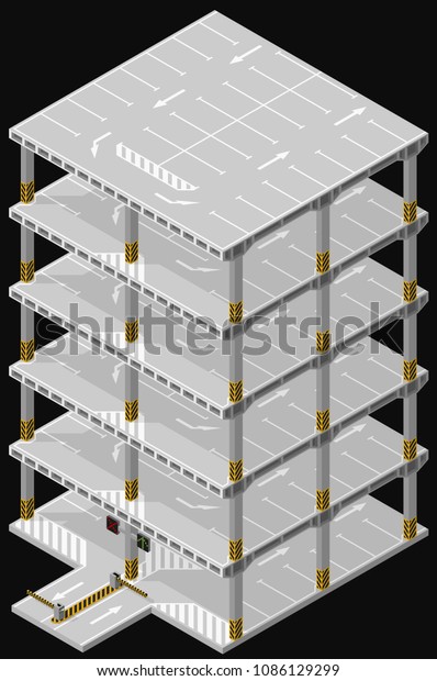 Vector isometric illustration of a multi-level\
parking garage. Multistorey car\
park.