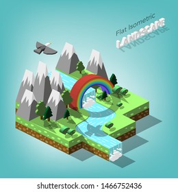 Vector isometric illustration of a nature. Landscape with a Forest, Waterfall, Mountains and Rainbow