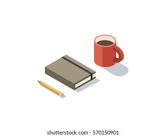 Vector isometric illustration of notebook with coffee, 3d flat coffee brake during working day concept.