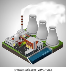 Vector isometric illustration of a nuclear power plant.