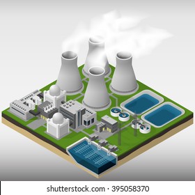 Vector isometric illustration of a nuclear power plant.