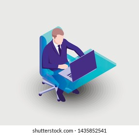 Vector isometric illustration of office man sitting on table with laptop.
