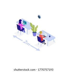 Vector Isometric Illustration Of Office Workers With Social Distancing Of 2 Meters