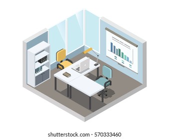 Vector isometric illustration of office working place, 3d flat interior design furniture element, business concept. Isolated objects 