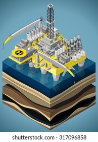 Vector Isometric Illustration Of Offshore Oil Platform, Large Structure With Facilities To Drill Wells, To Extract And Process Oil And Natural Gas. Equipment For Oil And Gas Industry.