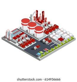 Vector Isometric Illustration Of The Oil Industry. 3D Icon Of The Oil Refinery With Production Buildings, Pipelines, Tanks And Trucks.