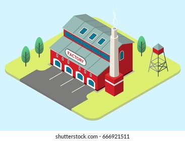 Vector isometric illustration of an old red factory.