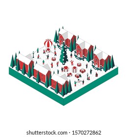 Vector isometric illustration on the theme winter holiday. City residents celebrate winter holidays, receive gifts, play snowballs, greet each other with a holiday.  For a poster or banner and greetin