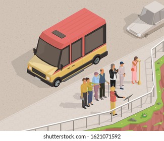 Vector isometric illustration on the theme of tourism with bus, tourists and tour guide.