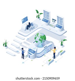 Vector isometric illustration on the topic of technology development. An international team analyzes and discusses future plans and goals. 