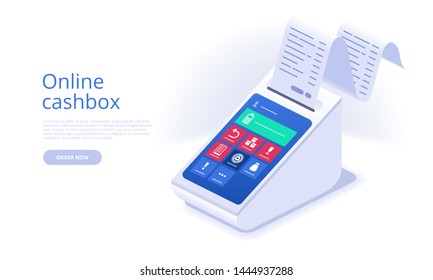 Vector Isometric Illustration Of Online Cashbox. Electronic Receipt Or Invoice. Digital Bill For Mobile Internet Banking Concept. Online Transaction Via Smartphone. Website Or Webpage Layout Template