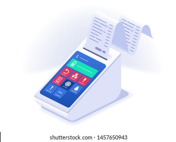 Vector Isometric Illustration Of Online Cashbox. Electronic Receipt Or Invoice. Digital Bill For Mobile Internet Banking Concept. Online Transaction Via Smartphone. Website Or Webpage Layout Template