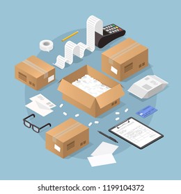 Ilustración vectorial isométrica de compra y entrega en línea. Máquina de tarjetas de crédito imprimiendo grandes cobros con tarjeta de crédito colocando cerca, cajas de cartón, paquetes con formulario de entrega y lápiz.
