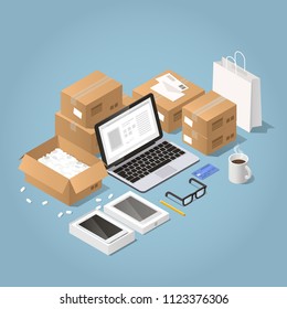 Vector isometric illustration of online shopping and delivery. laptop with order surrounded with cardboard boxes, shopping bag, unpacked tablet, glasses, cup, credit card, pencil and cup of coffee.
