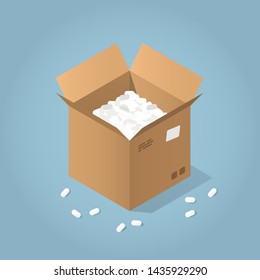 Vector isometric illustration of open cardboard box with filler around. Delivery and packaging concept.