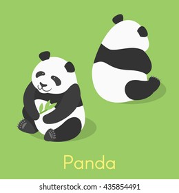 Vector isometric illustration of panda, holding bamboo branch.