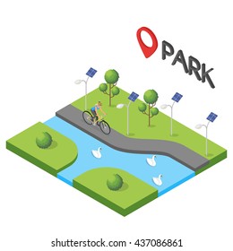 Vector isometric illustration of park. Bicycle, tree, swan, fitness, people, sport.
