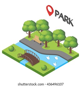 Vector Isometric Illustration Of Park. Pond With Swans.